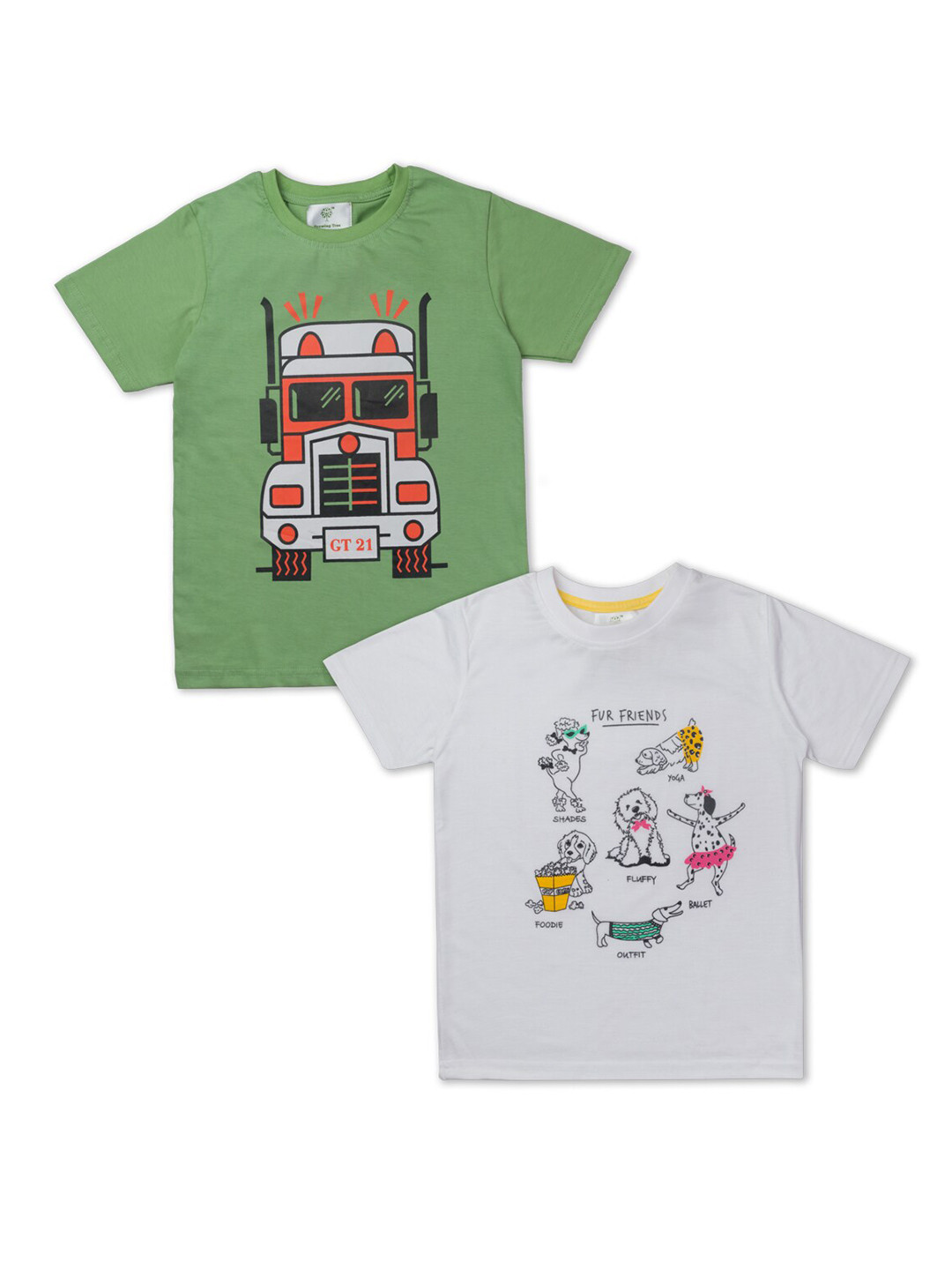 Growing Tree Kids Green & White Printed T-shirt Pack Of 2