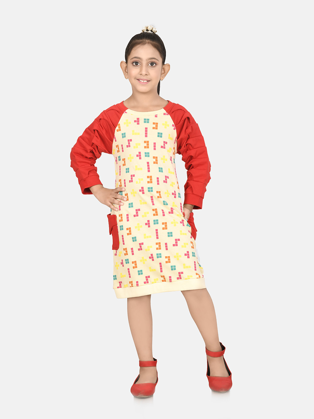 Growing Tree Beige & Red Pleated Sleeves Cotton A-Line Dress