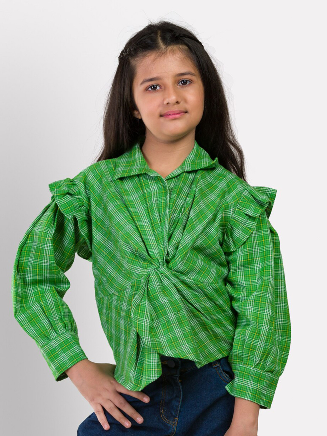 Growing Tree Green & White Checked Twisted Shirt Style Top