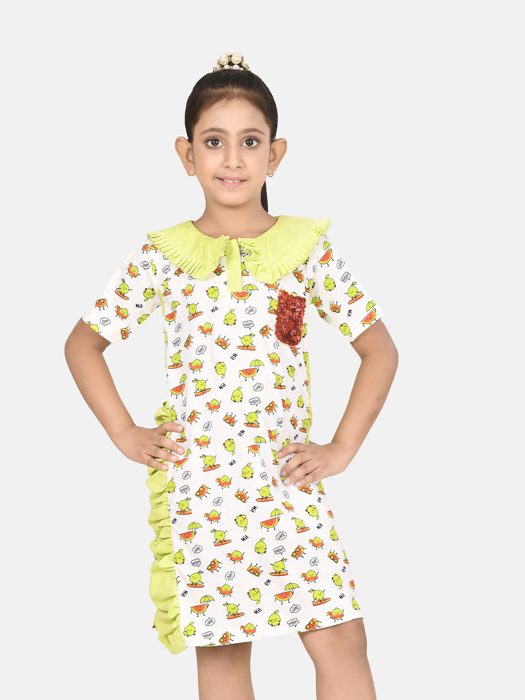 Growing Tree Girls White & Yellow Printed Cotton A-Line Dress