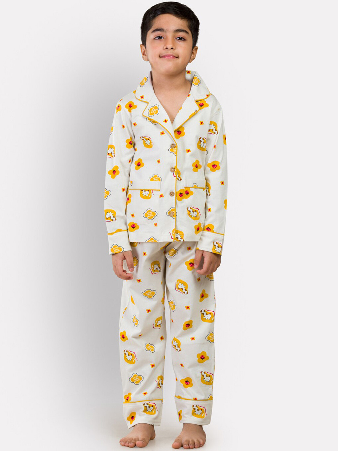 Growing Tree Kids White & Yellow Printed Cotton Night suit