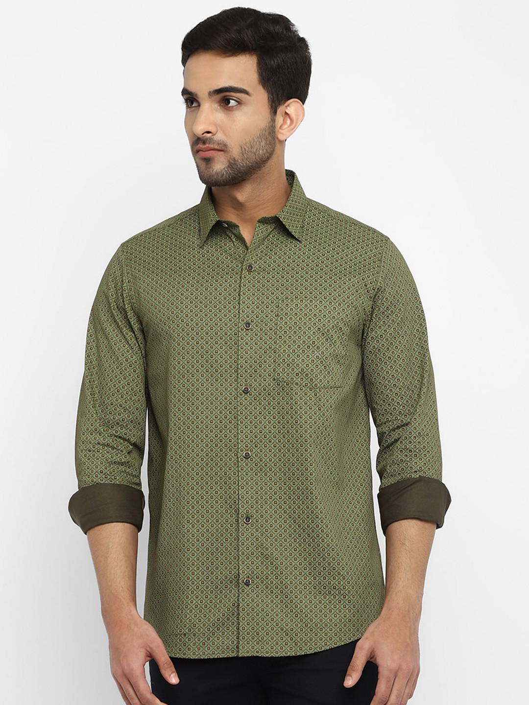 Turtle Men Olive Green Slim Fit Micro Ditsy Printed Cotton Casual Shirt