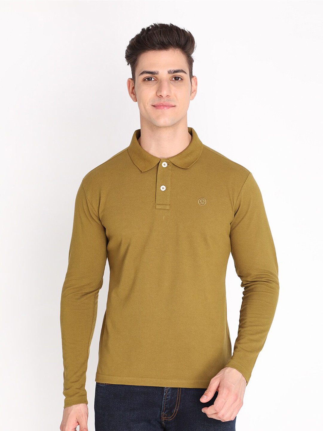 CHKOKKO Men Olive Solid Green Polo Collar Cotton Outdoor T-shirt