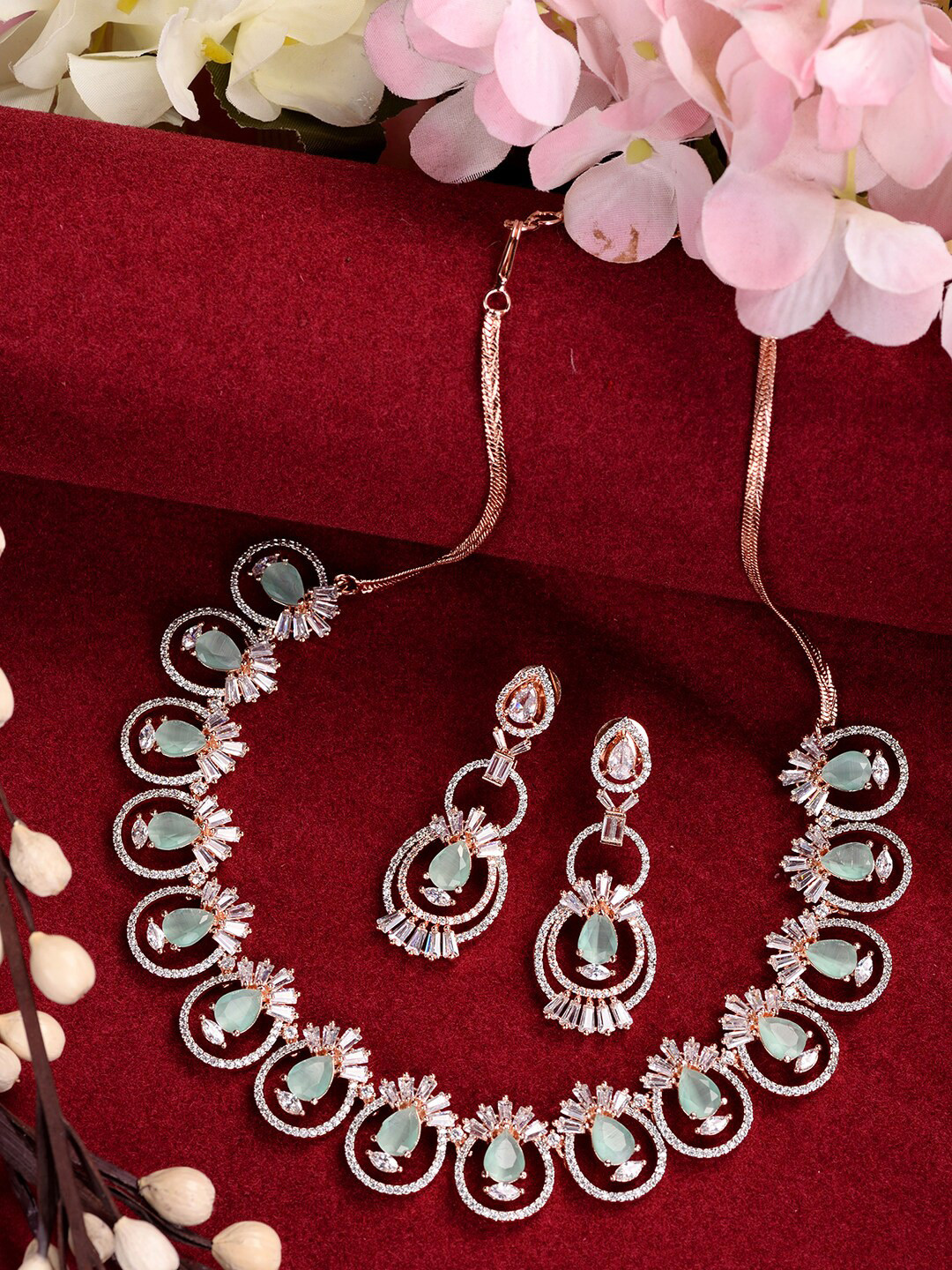 Saraf RS Rose Gold-Plated & Sea Green American Diamond Studded Jewellery Set
