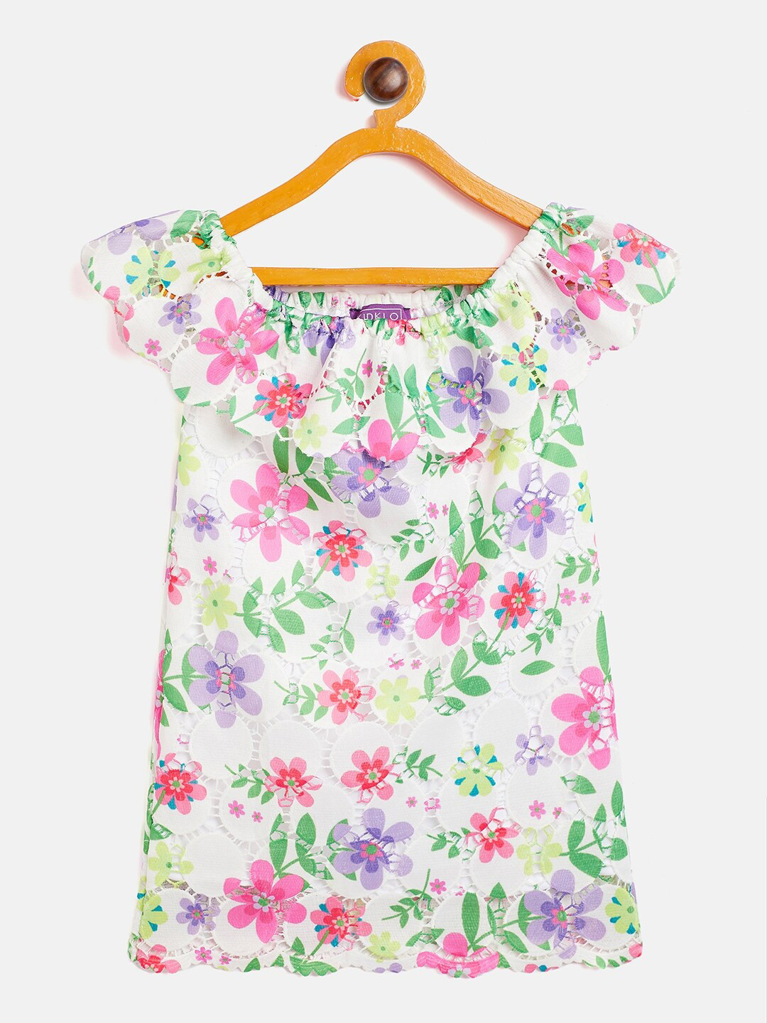 KIDKLO Girls White & Pink Floral Lace Off-Shoulder A-Line Dress