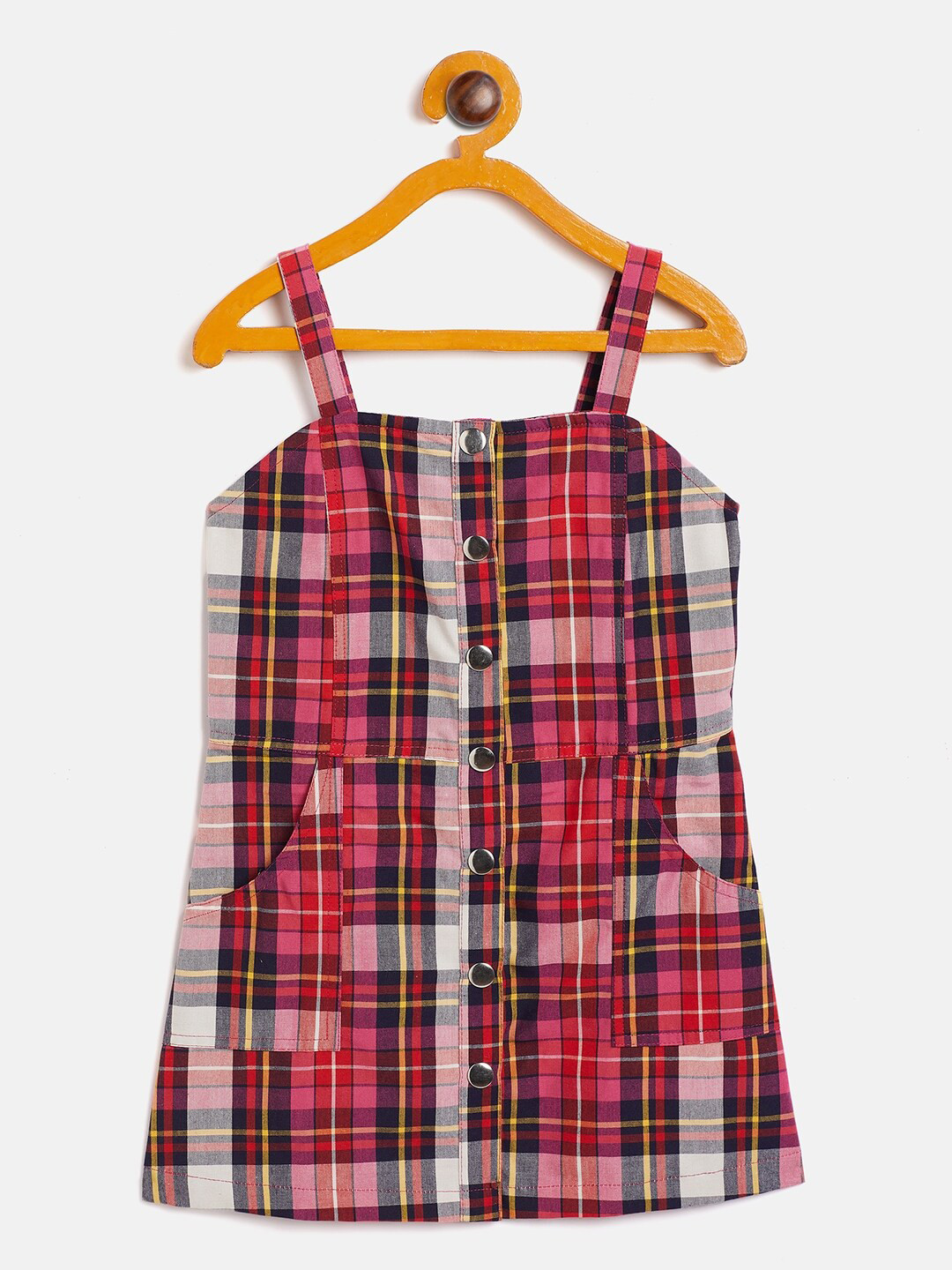KIDKLO Girls Red & Black Checked Cotton Pinafore Dress