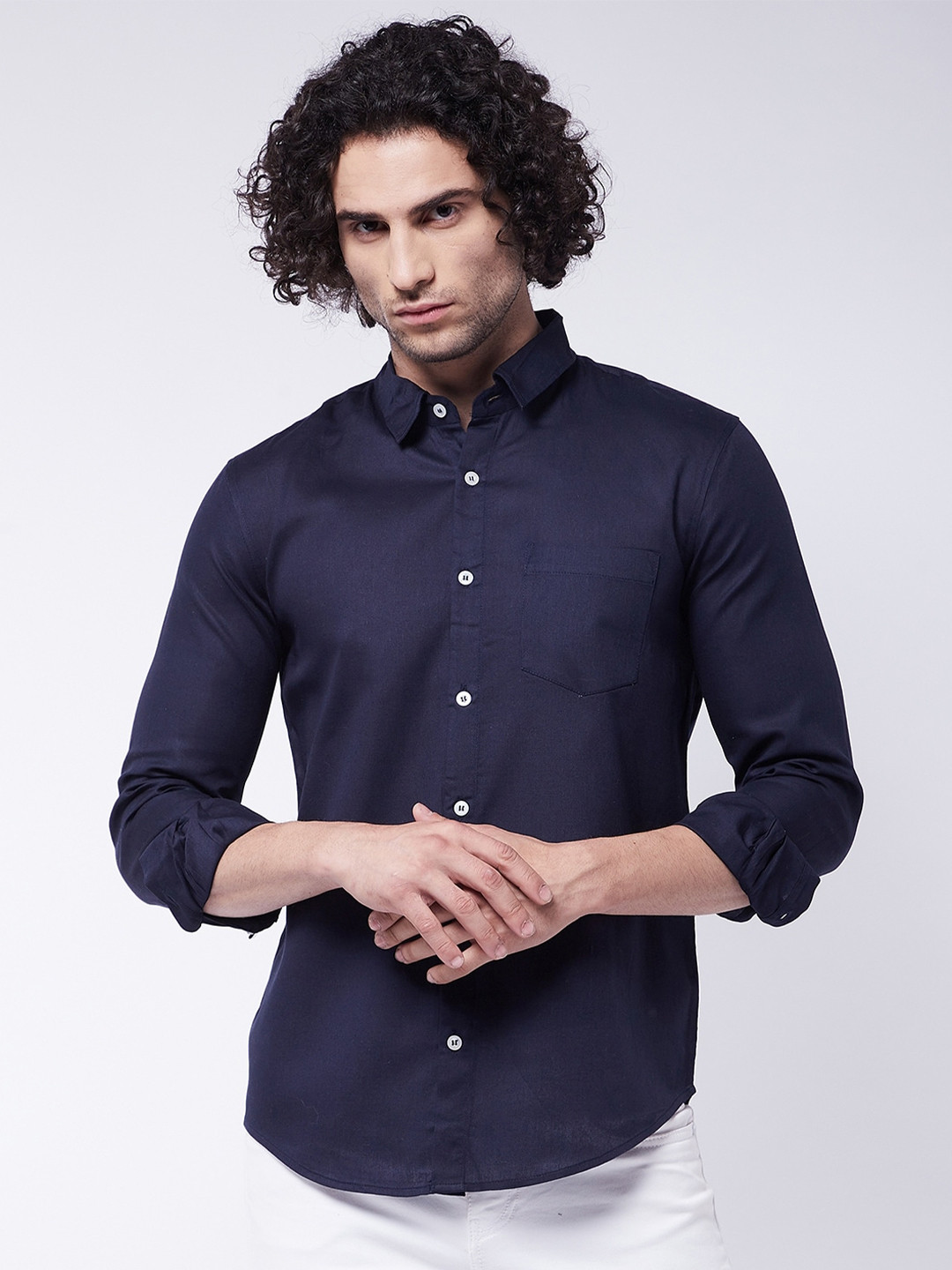 Rick Masch Men Navy Blue Solid Smart Slim Fit Casual Shirt