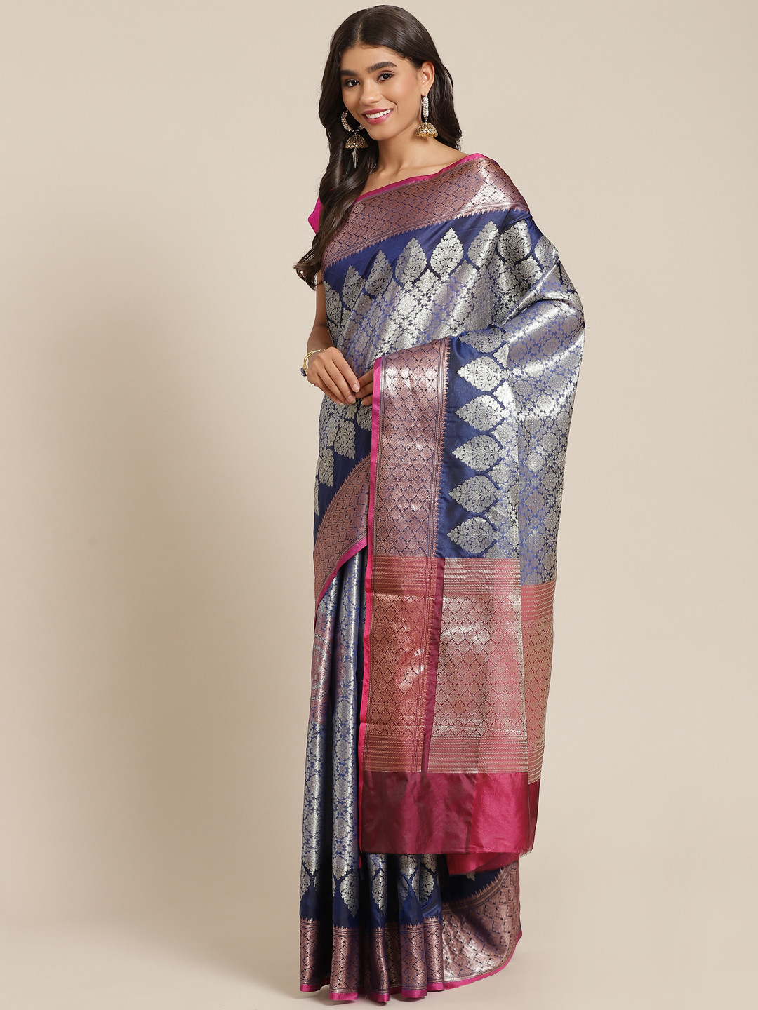 Banarasi Style Navy Blue & Silver-Coloured Ethnic Motifs Zari Art Silk Banarasi Saree