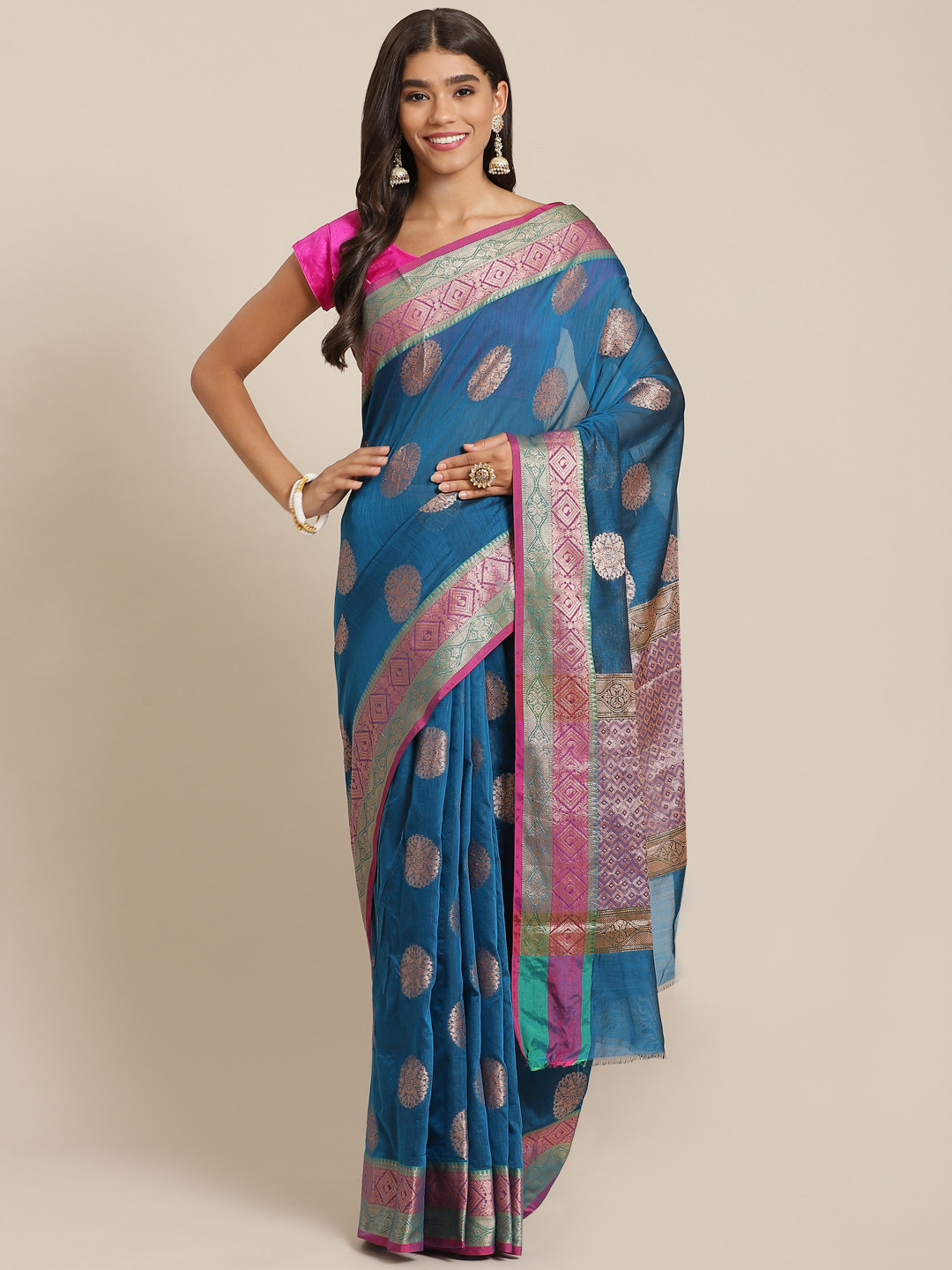 Banarasi Style Teal Blue & Golden Ethnic Motifs Zari Silk Cotton Banarasi Saree