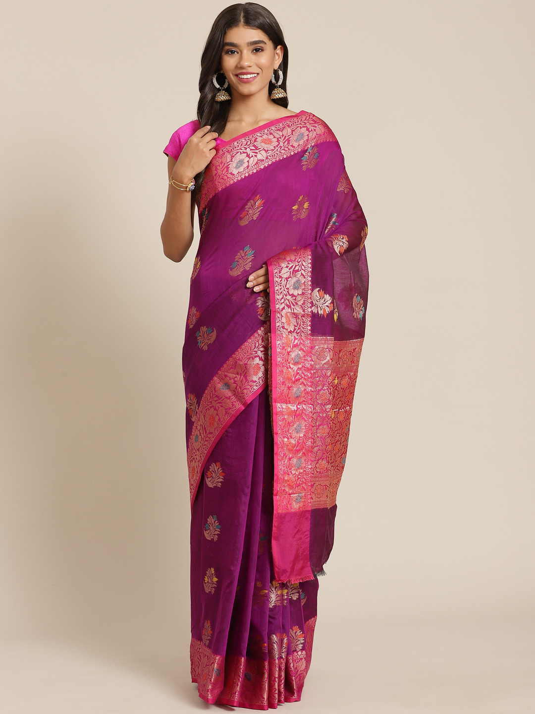 Banarasi Style Purple & Golden Ethnic Motifs Zari Silk Cotton Banarasi Saree