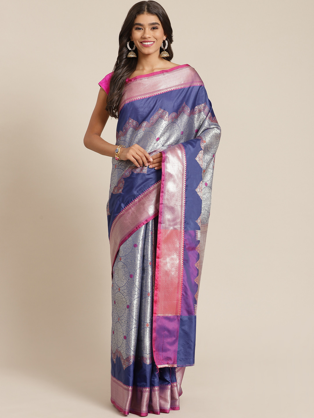 Banarasi Style Blue & Silver-Coloured Woven Design Zari Art Silk Banarasi Saree