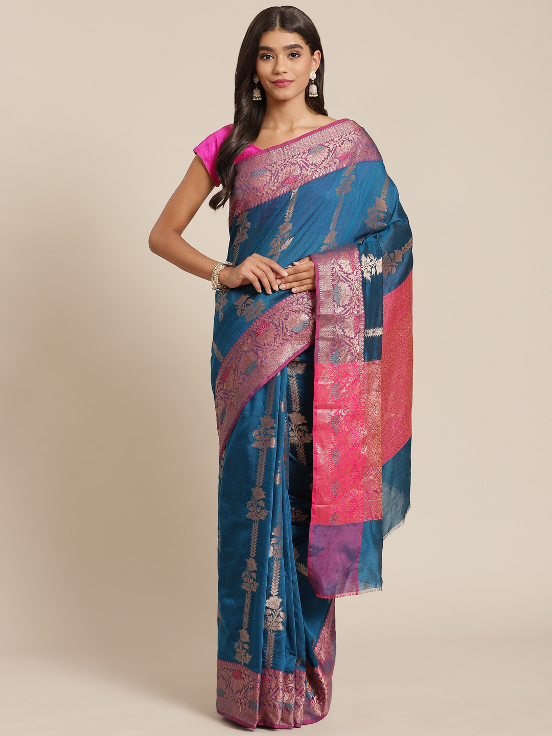 Banarasi Style Teal Blue & Golden Ethnic Motifs Zari Silk Cotton Banarasi Saree