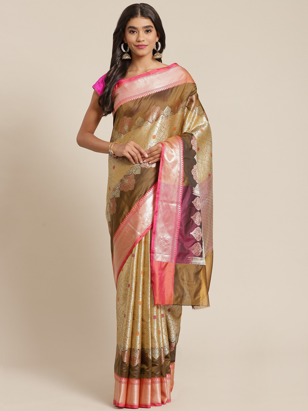 Banarasi Style Brown & Yellow Woven Design Art Silk Banarasi Saree