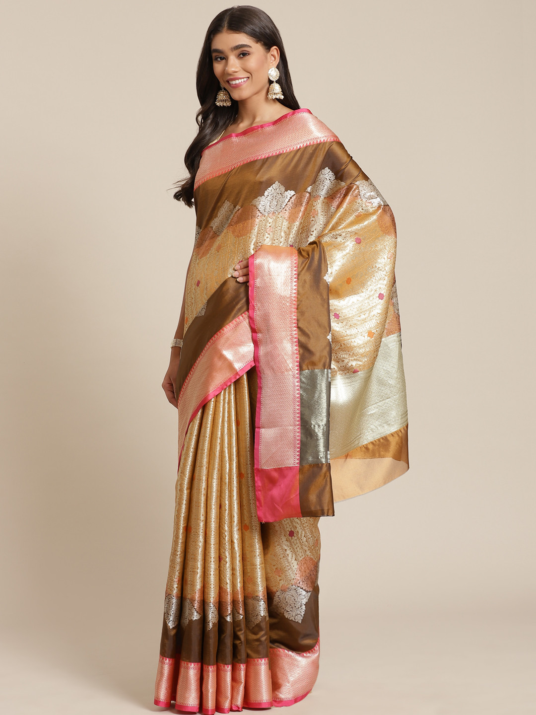 Banarasi Style Brown & Silver-Coloured Ethnic Motifs Zari Art Silk Banarasi Saree