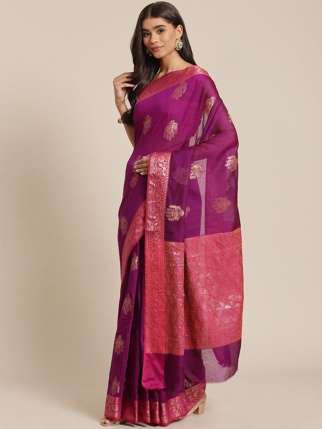Banarasi Style Purple & Golden Ethnic Motifs Zari Silk Cotton Banarasi Saree