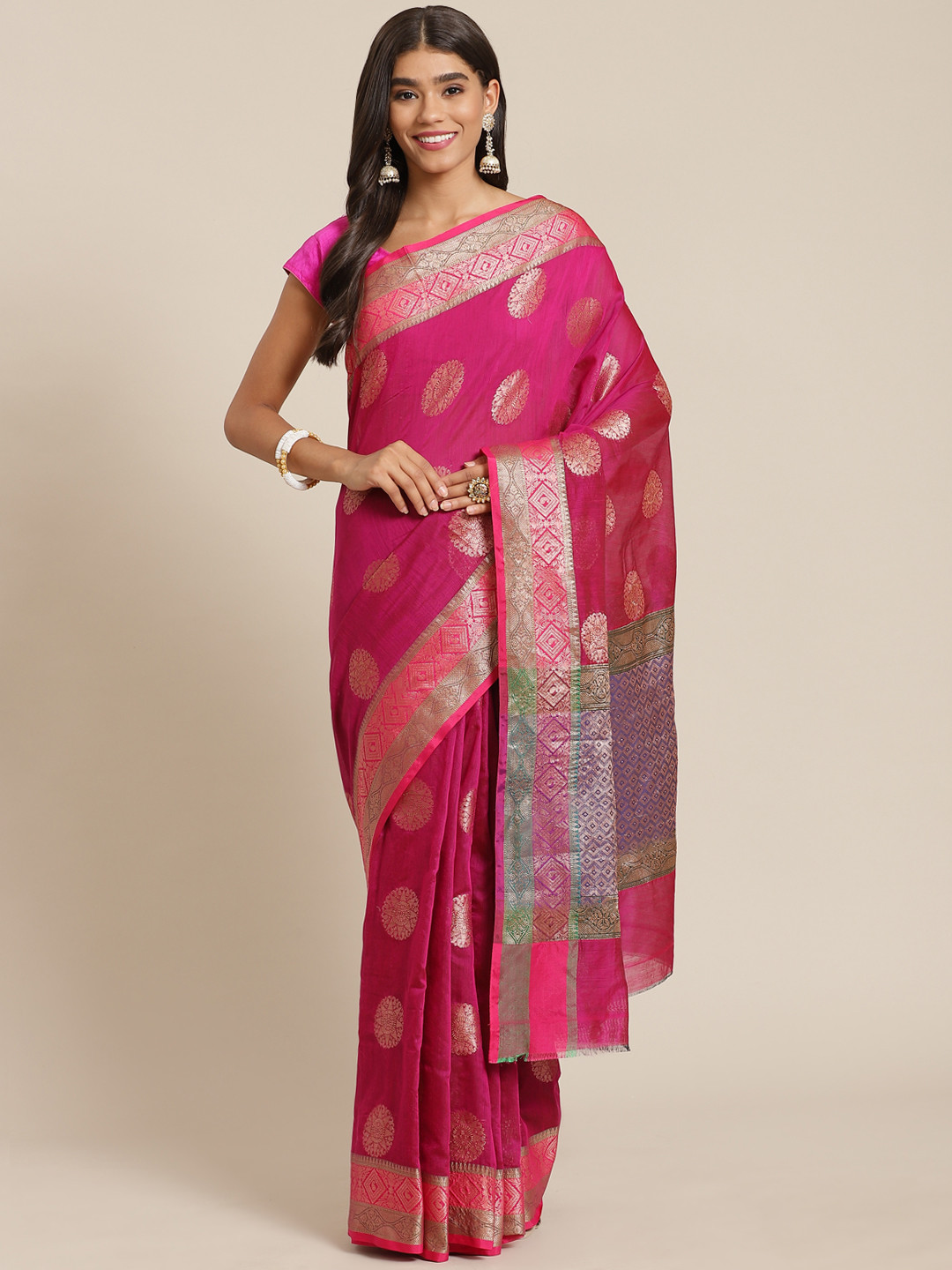 Banarasi Style Pink & Golden Ethnic Motifs Zari Silk Cotton Banarasi Saree