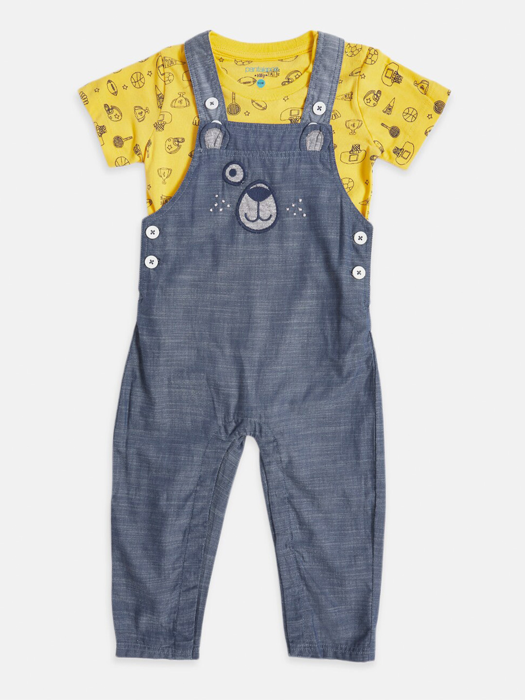 Pantaloons Baby Boys Blue & Yellow Printed Pure Cotton T-shirt with Trousers