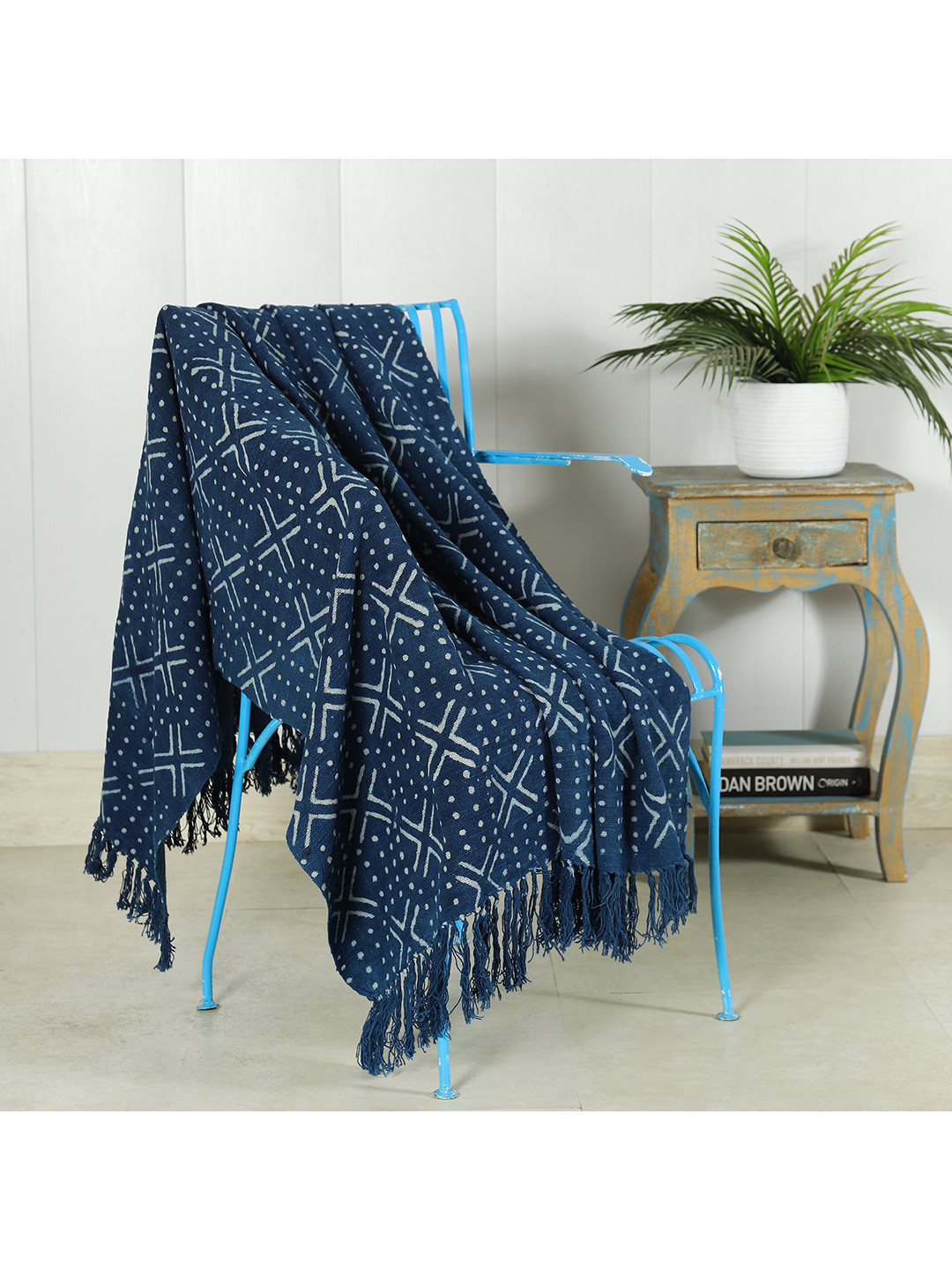 HANDICRAFT PALACE Indigo-Blue & White Hand-Block Printed Cotton Throw