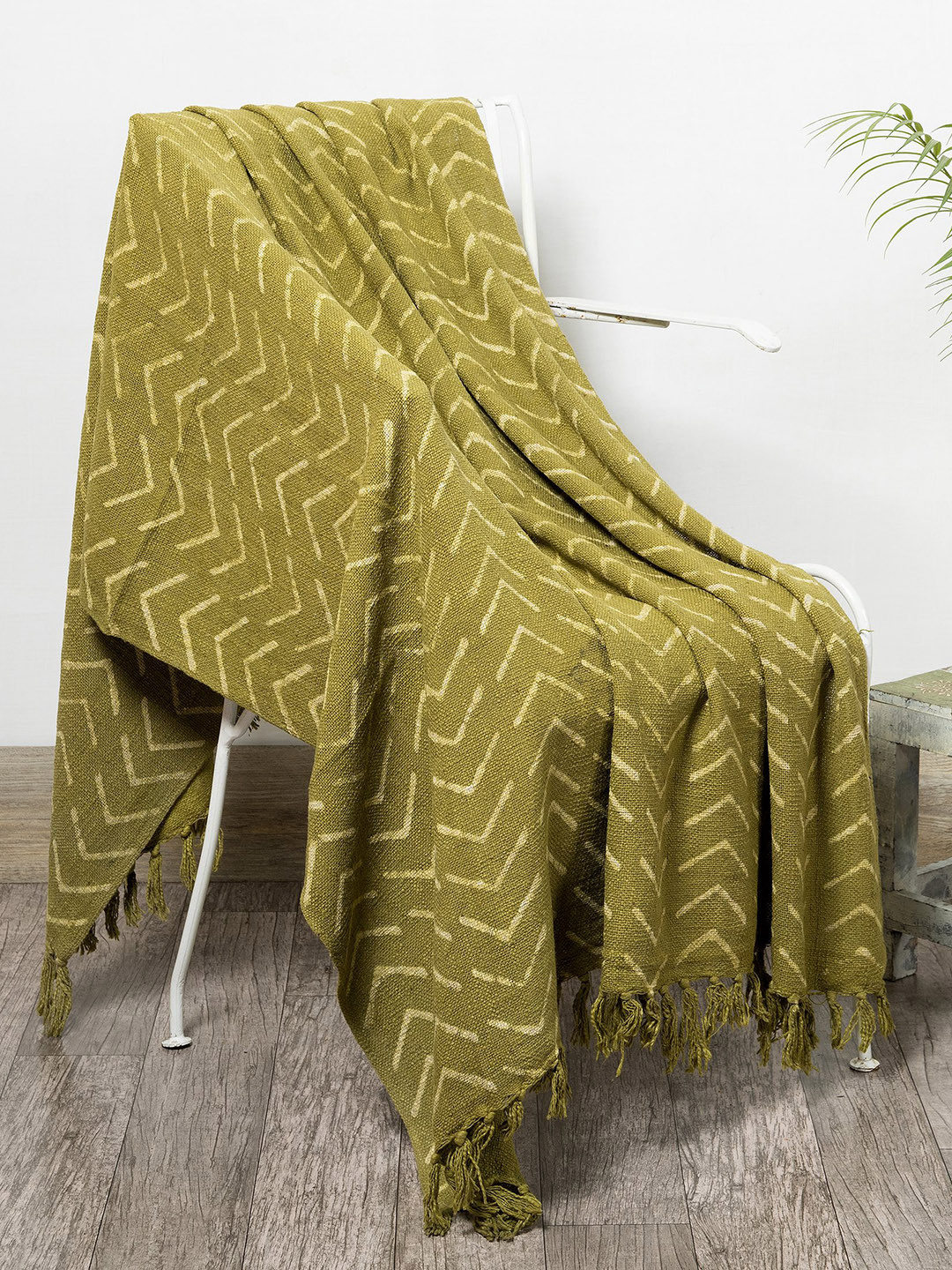 HANDICRAFT PALACE Green Block Printed Couch Cotton Throw