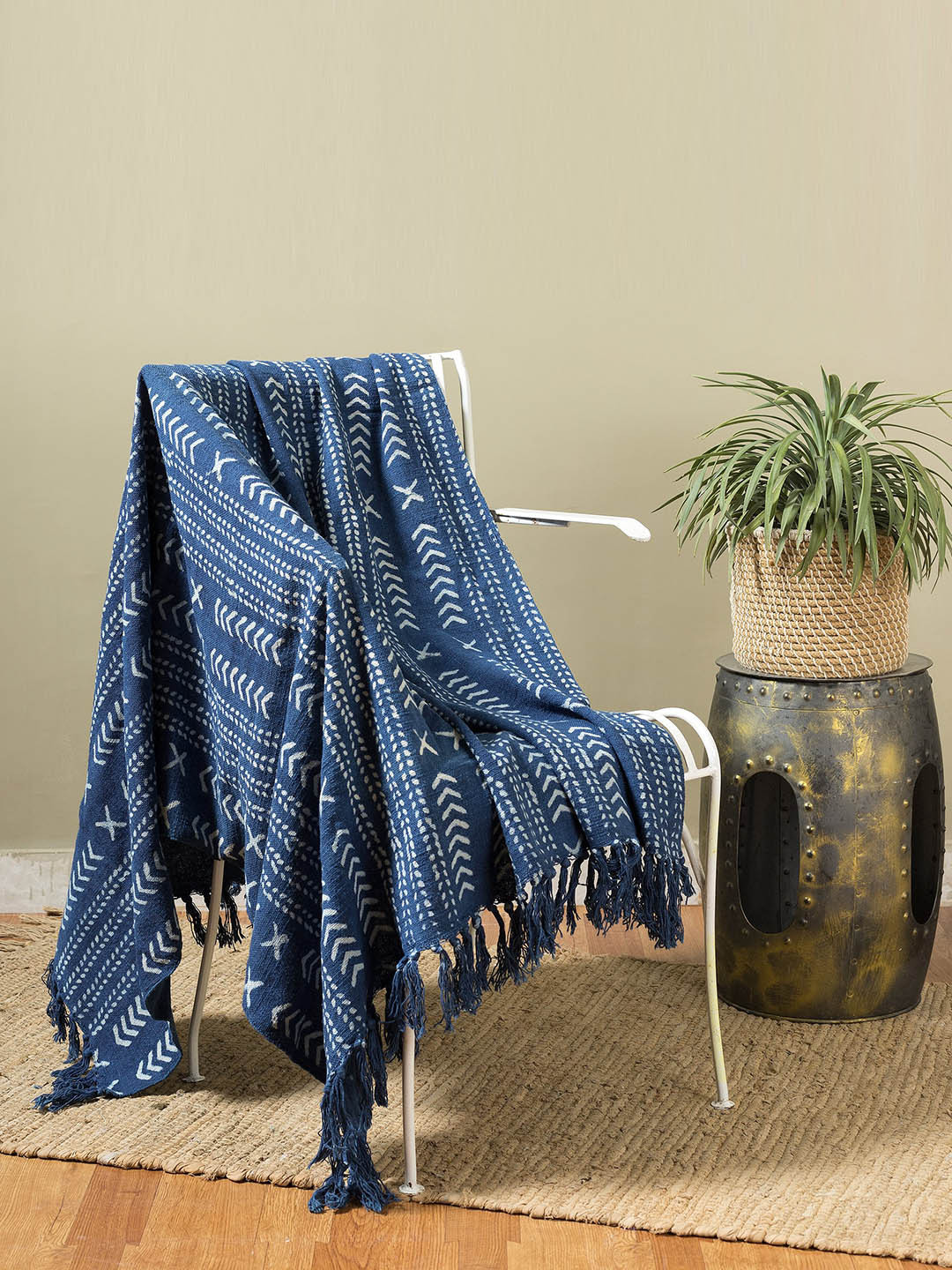 HANDICRAFT PALACE Navy Blue & White Hand Block Print Cotton Throw