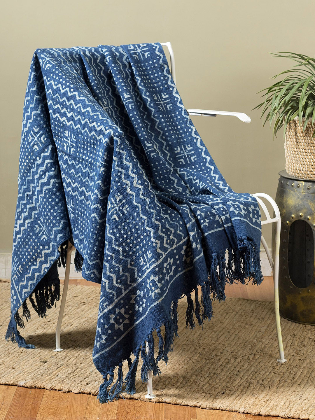 HANDICRAFT PALACE Indigo-Blue & White Hand-Block Printed Cotton Throw