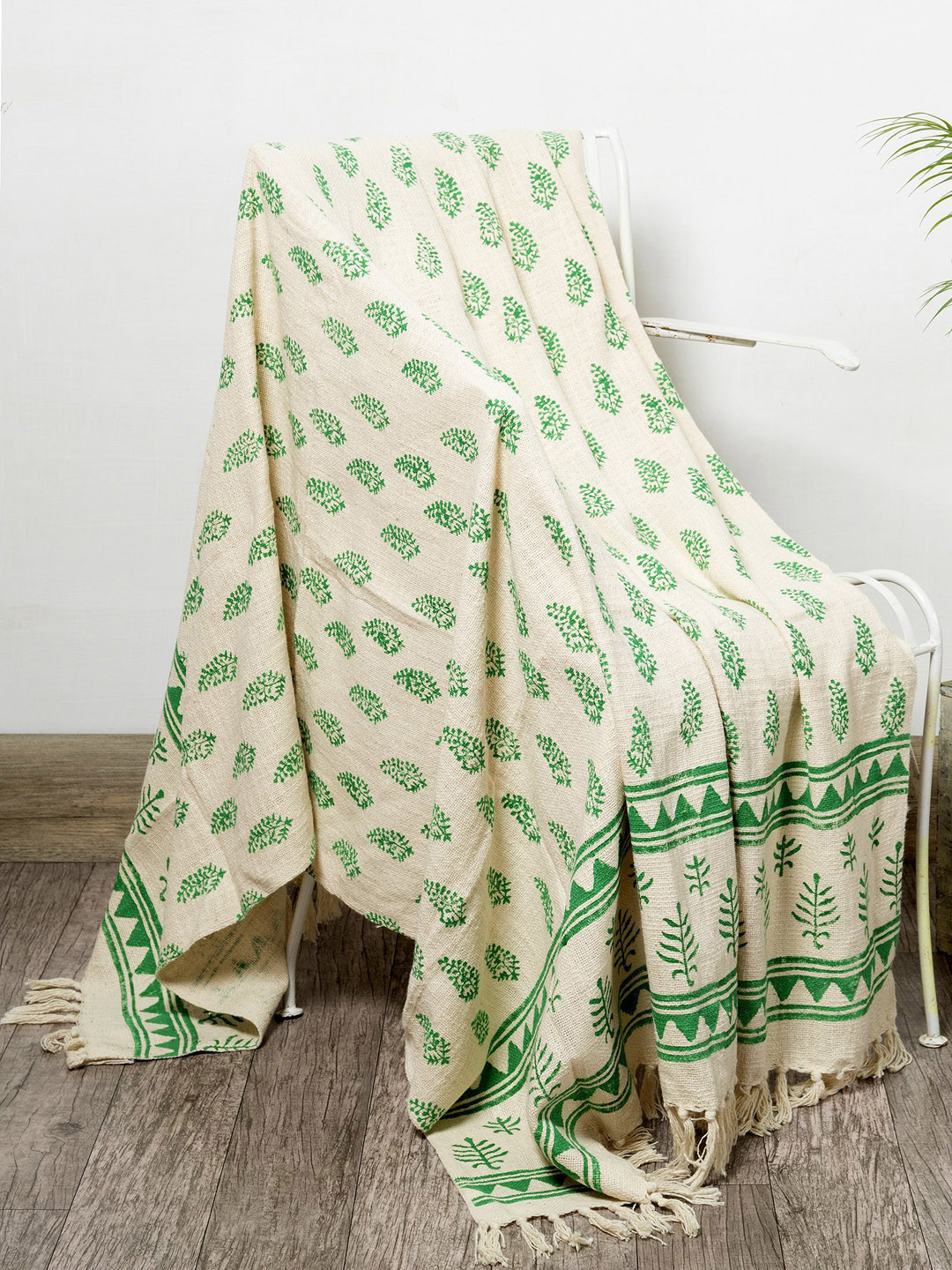 HANDICRAFT PALACE Green & Cream Hand Block Printed Cotton Throw