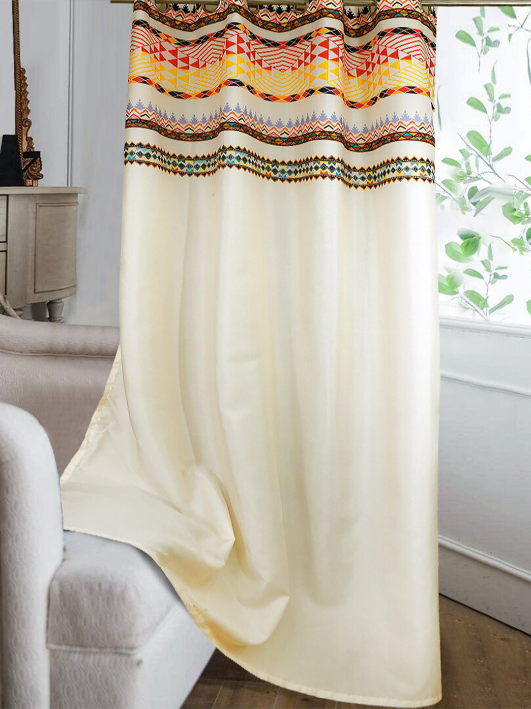 Cortina Cream-Coloured & Red Silk Geometric Door Curtain