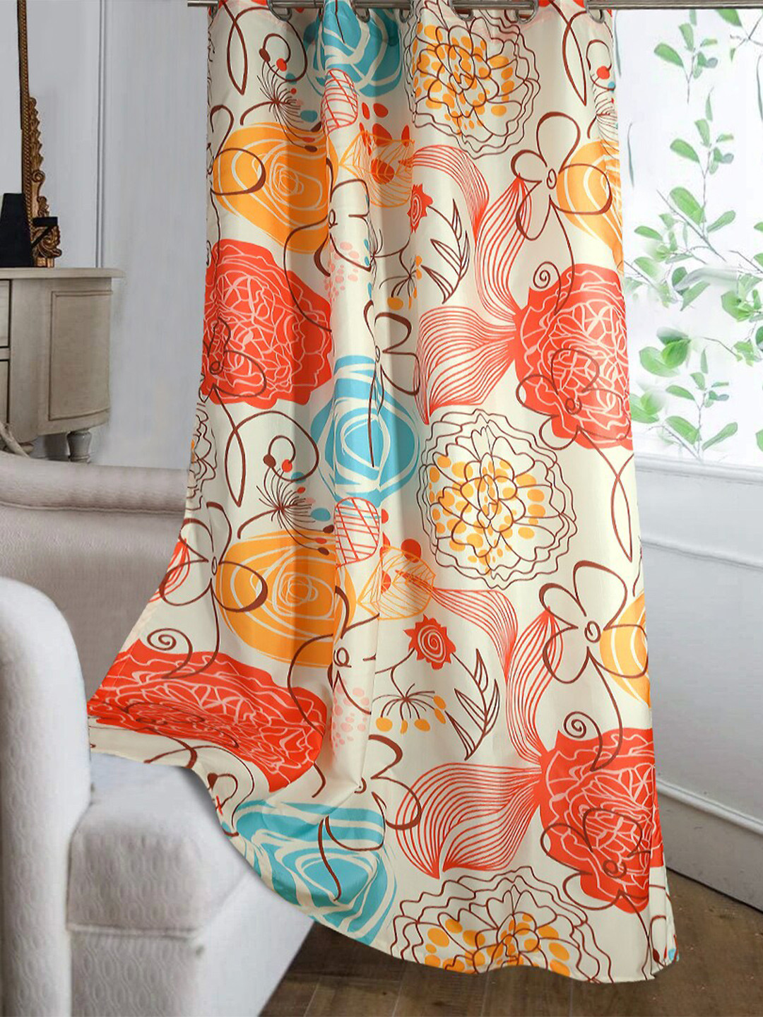 Cortina Red & Cream-Coloured Single Floral Silk Long Door Curtain