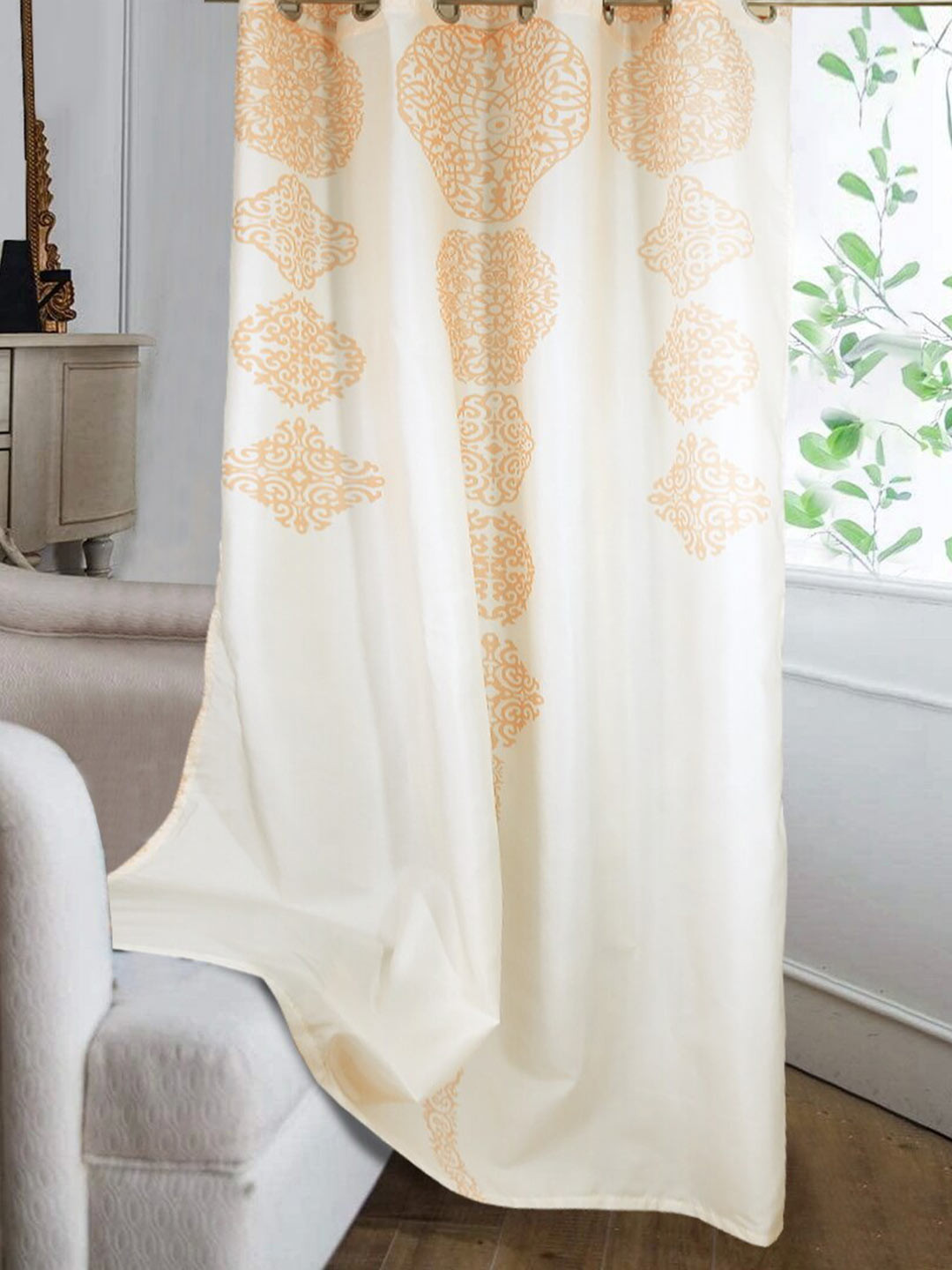 Cortina Off-White & Golden Ethnic Motifs Single Silk Long Door Curtain