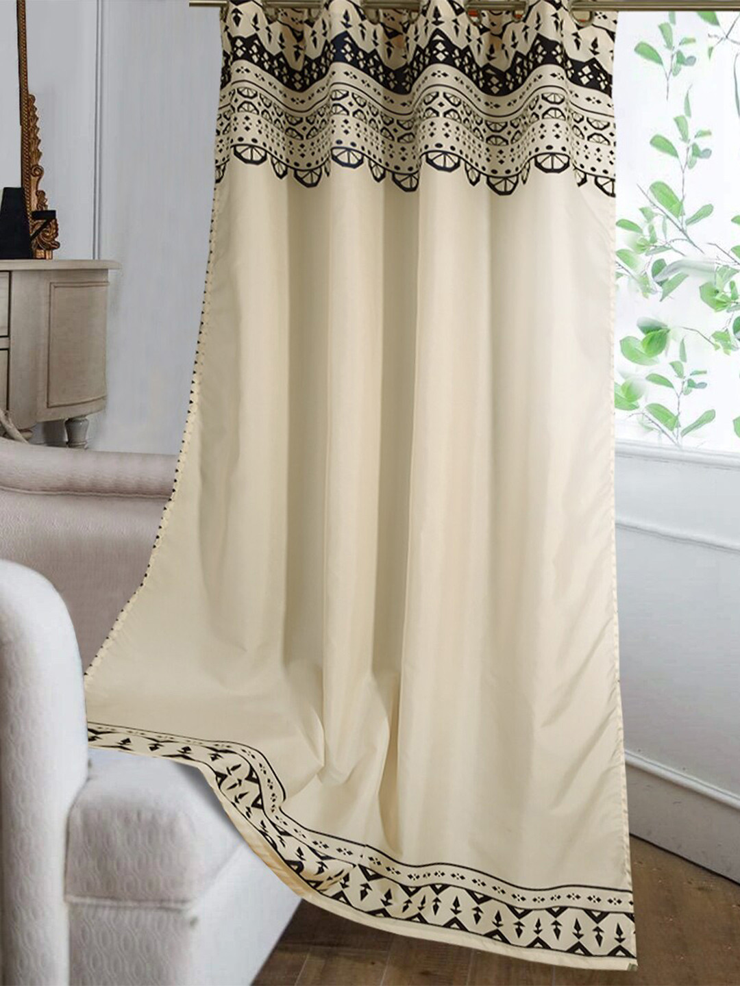 Cortina Off-White & Navy blue Ethnic Motifs Single Silk Long Door Curtain
