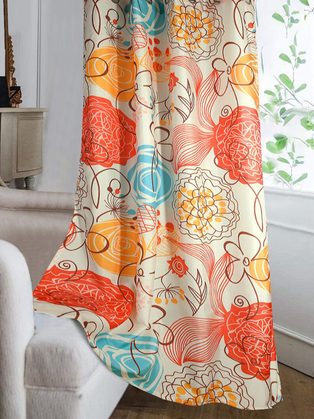 Cortina Red & Cream-Coloured Floral Single Silk Window Curtain