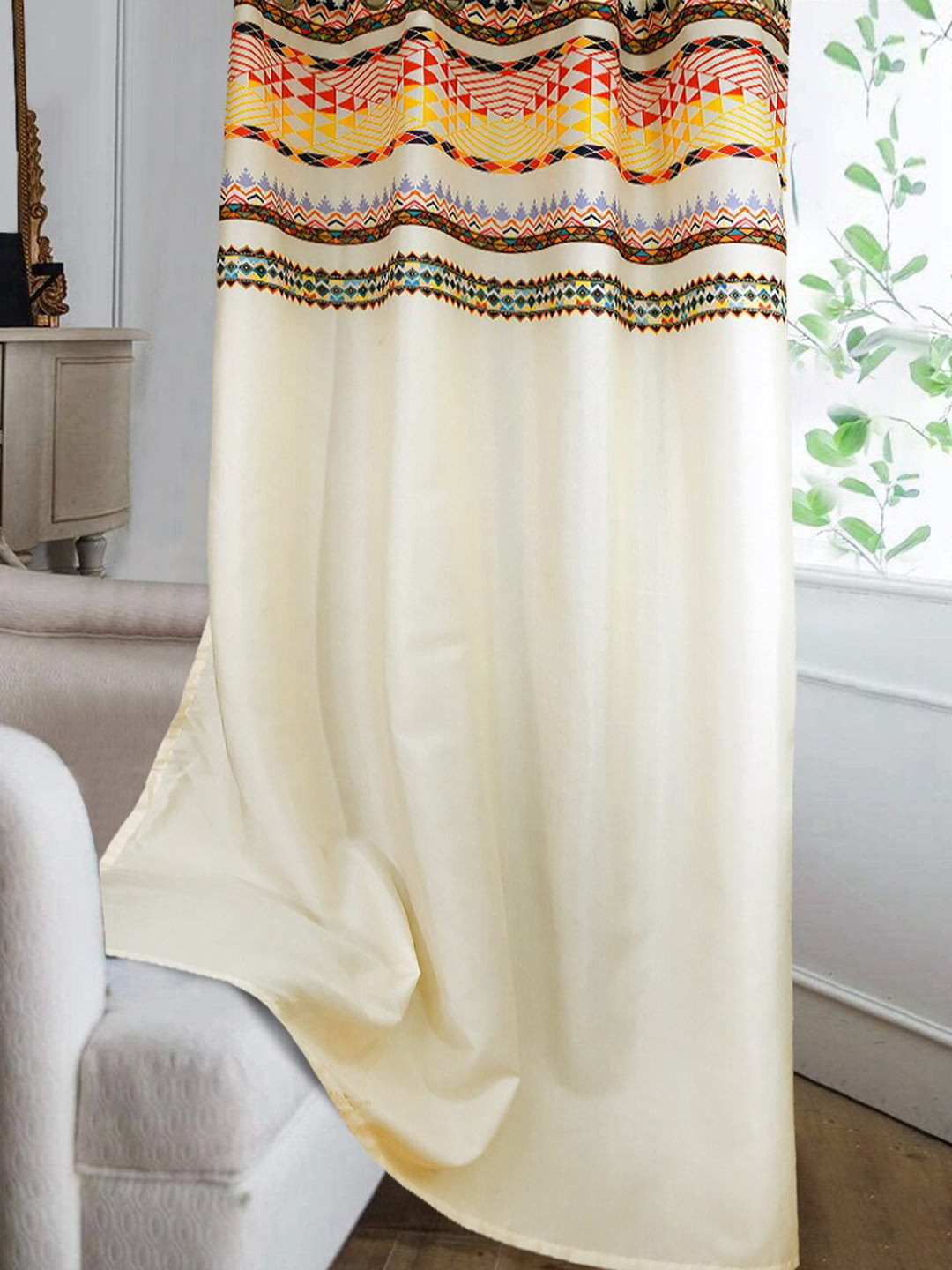 Cortina Cream-Coloured & Red Geometric Silk Window Curtain