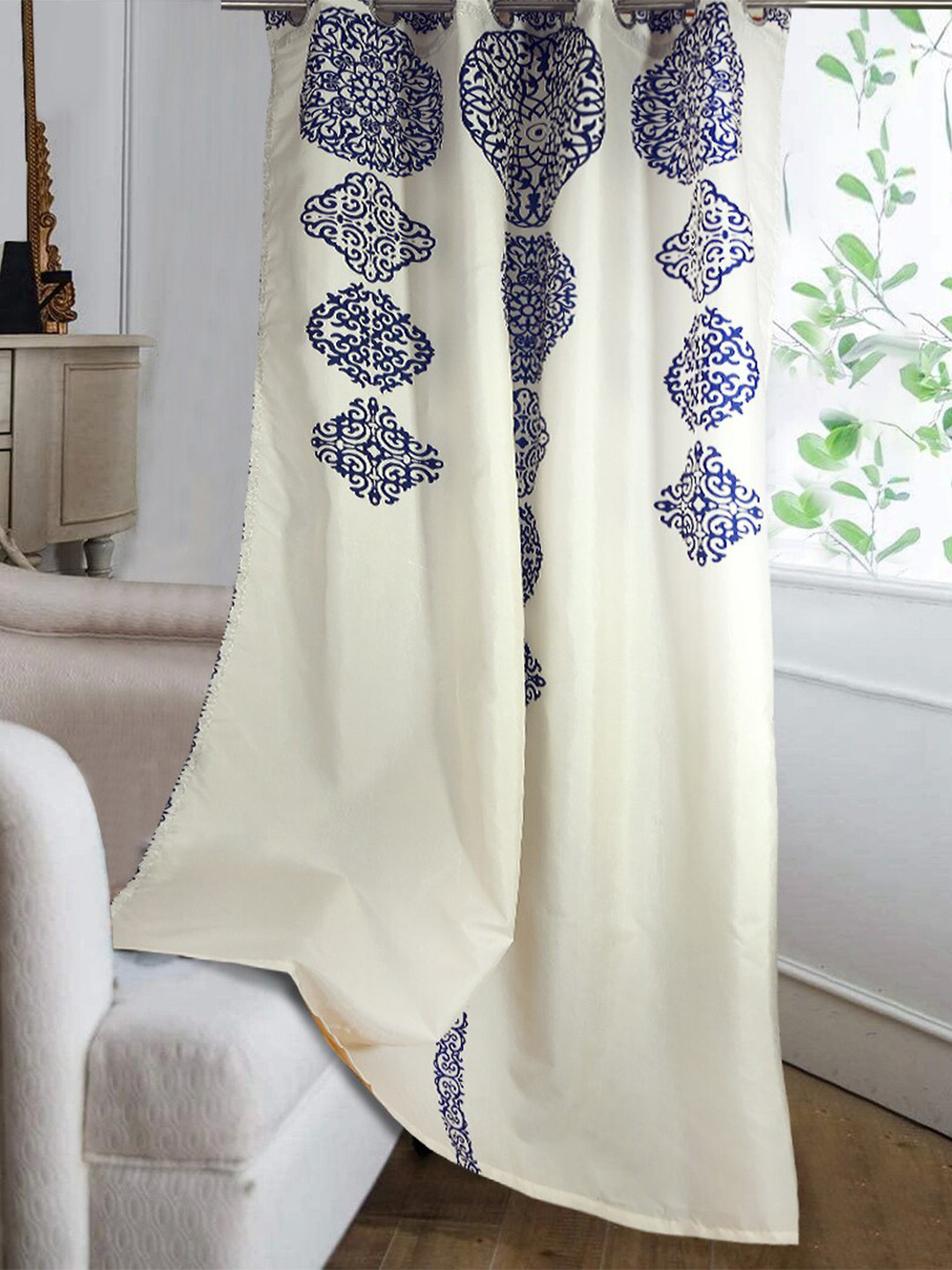 Cortina Off-White & Navy Blue Ethnic Motifs Single Silk Long Door Curtain