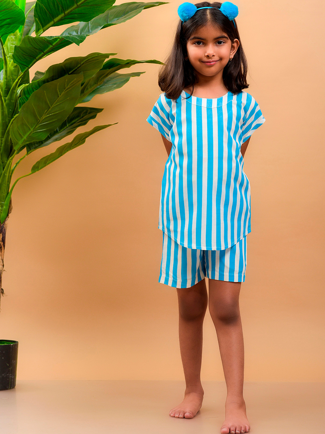 misbis Girls Turquoise Blue & White Striped Shorts Night suit