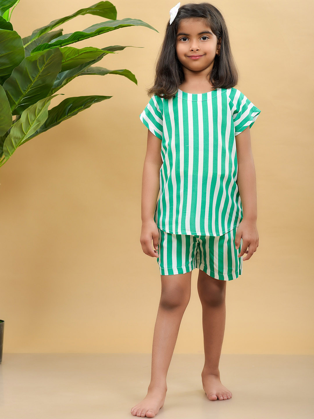 misbis Girls Green & White Striped Night Suit