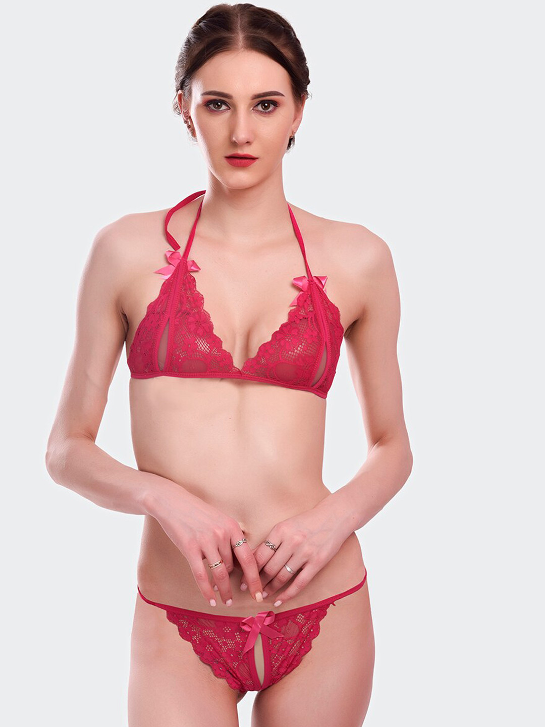 Fleurt Women Maroon Self-Design Lace Lingerie Set Fleurt-Set-206-MR