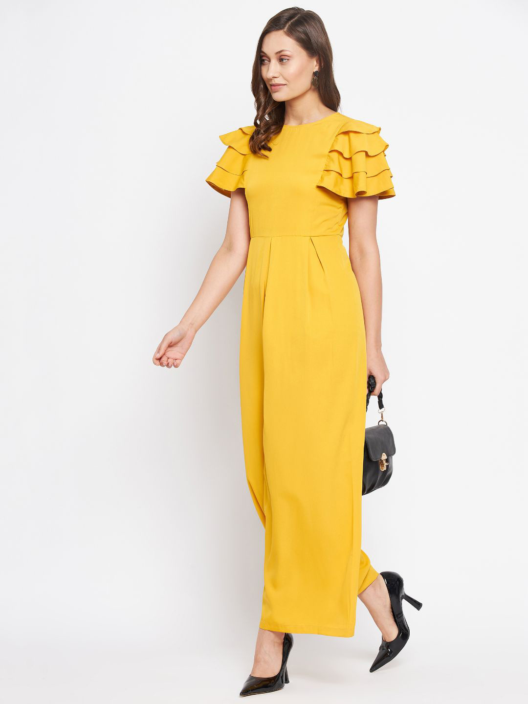 Uptownie Lite Women Yellow Ruffled Sleeves Crepe Basic Jumpsuit