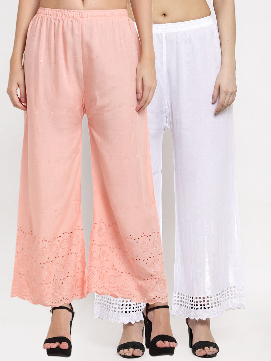 Miaz Lifestyle Women Set Of 2 Peach-Coloured & White Hem Design Flared Ethnic Palazzos
