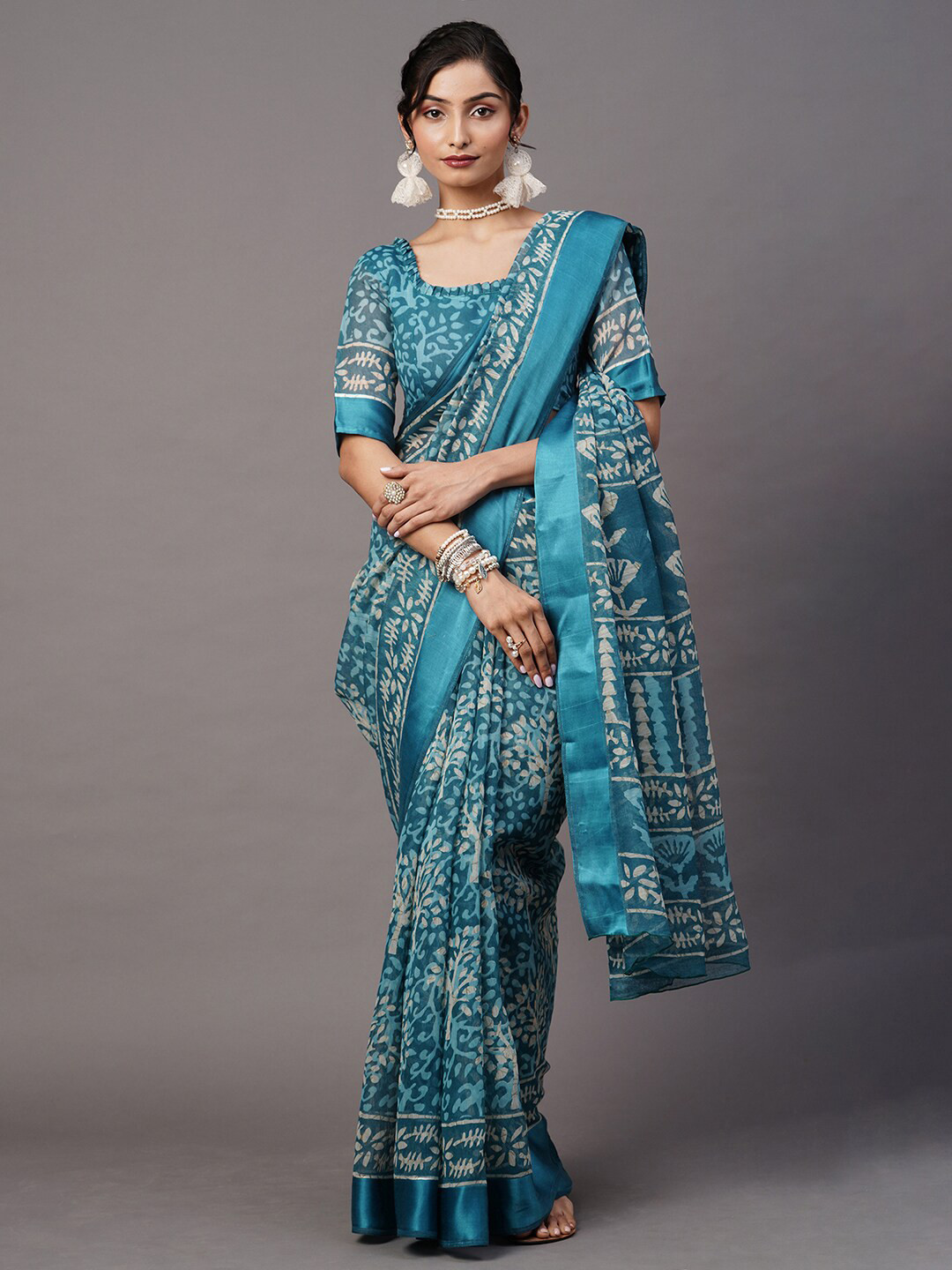 Mitera Blue & Off-White Batik Printed Ikat Saree