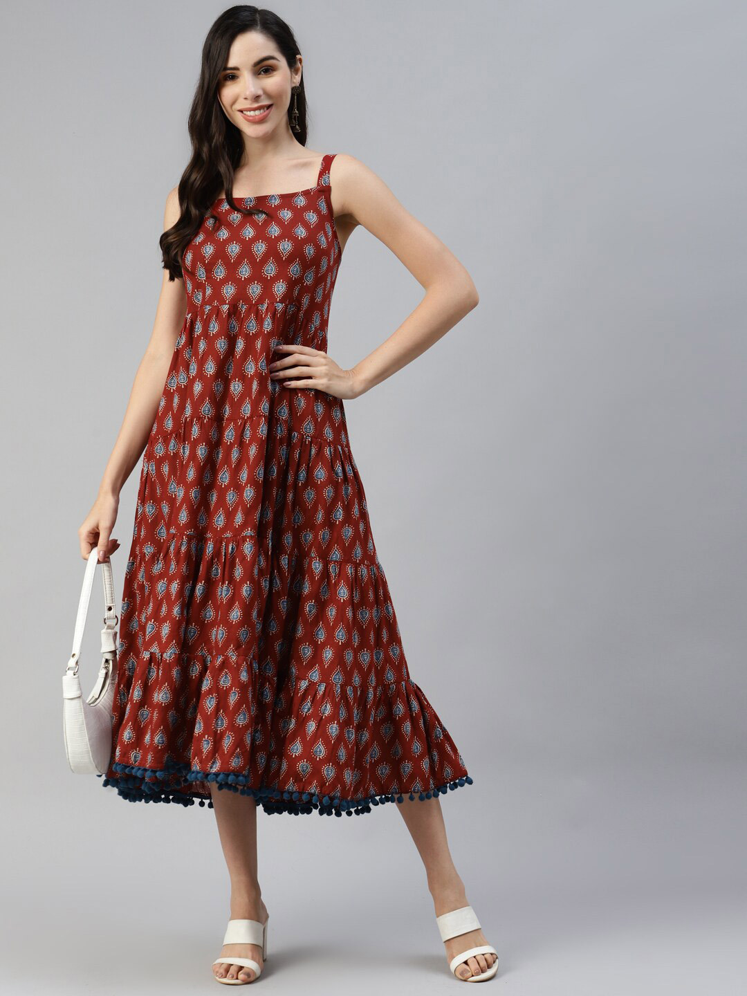 Divena Women Maroon Ethnic Motifs Shoulder Straps Cotton A-Line Dress