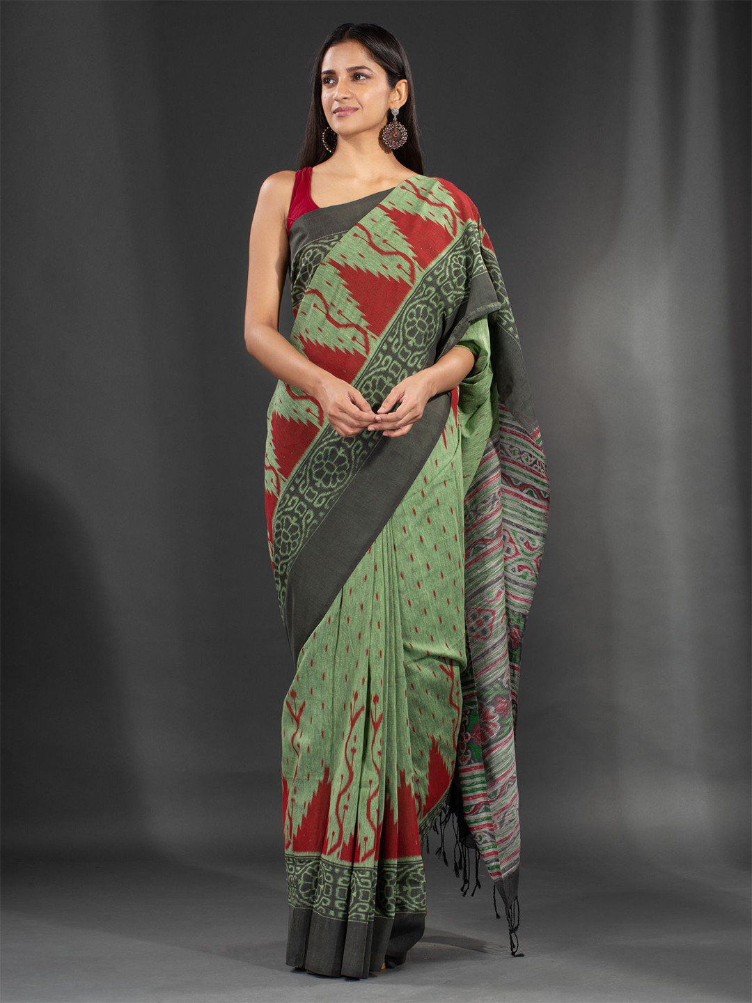 Charukriti Green & Red Pure Cotton Saree