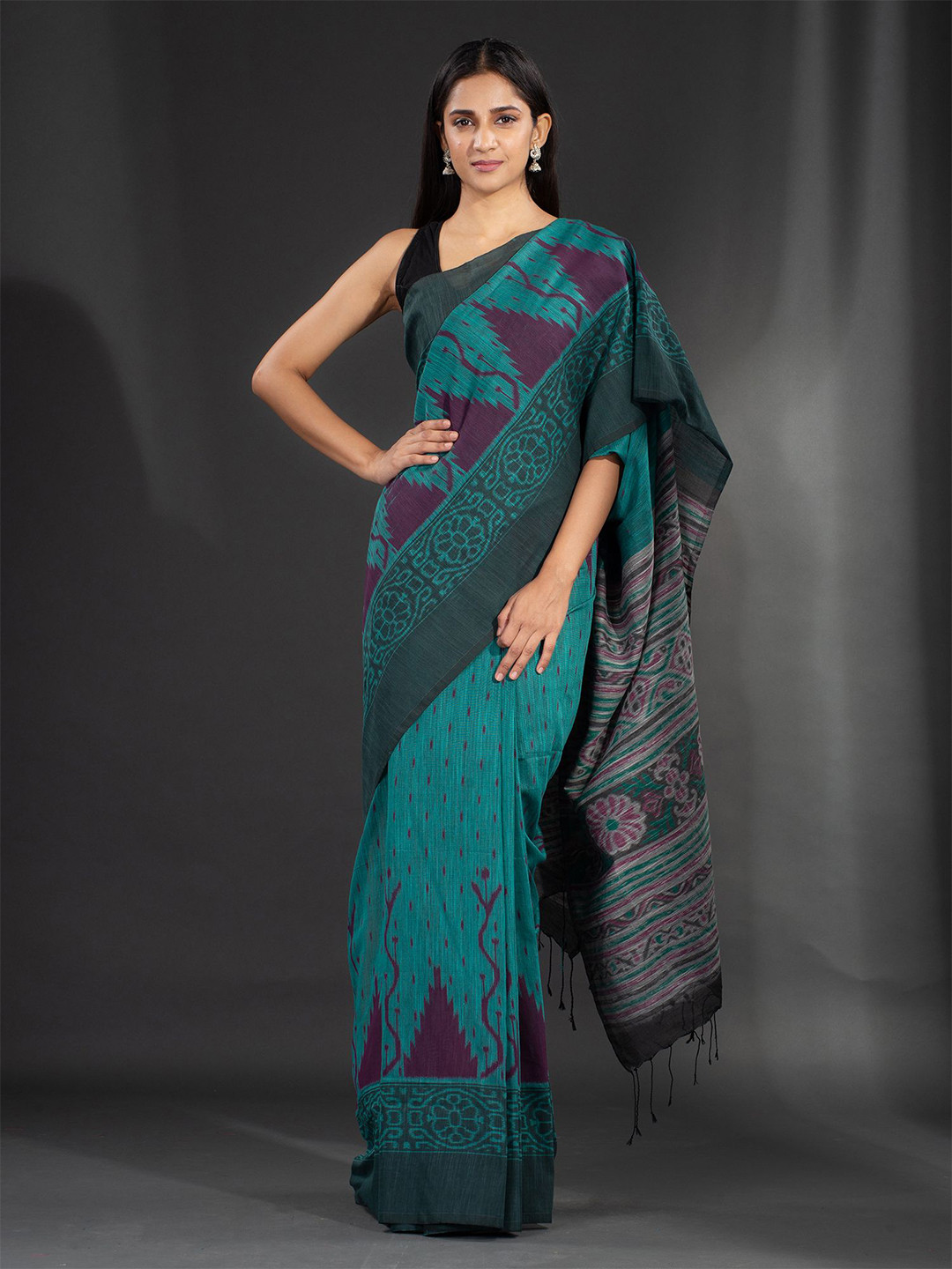 Charukriti Green & Purple Pure Cotton Saree With Kotki Design