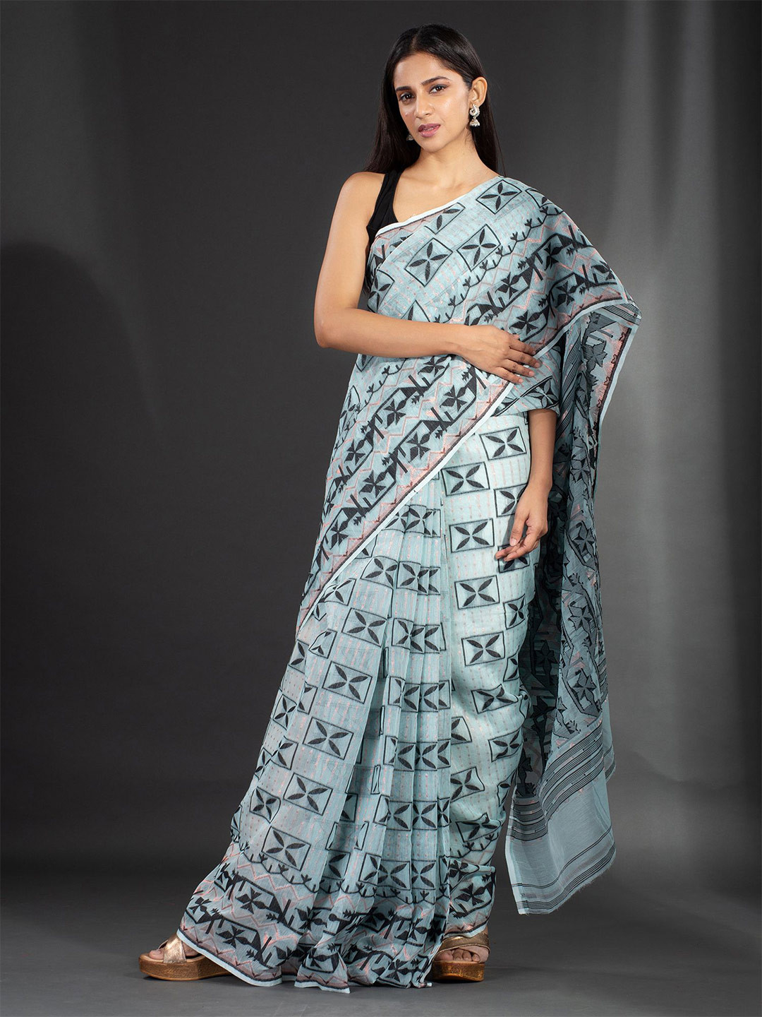 Charukriti Green & Black Woven Design Silk Cotton Jamdani Saree