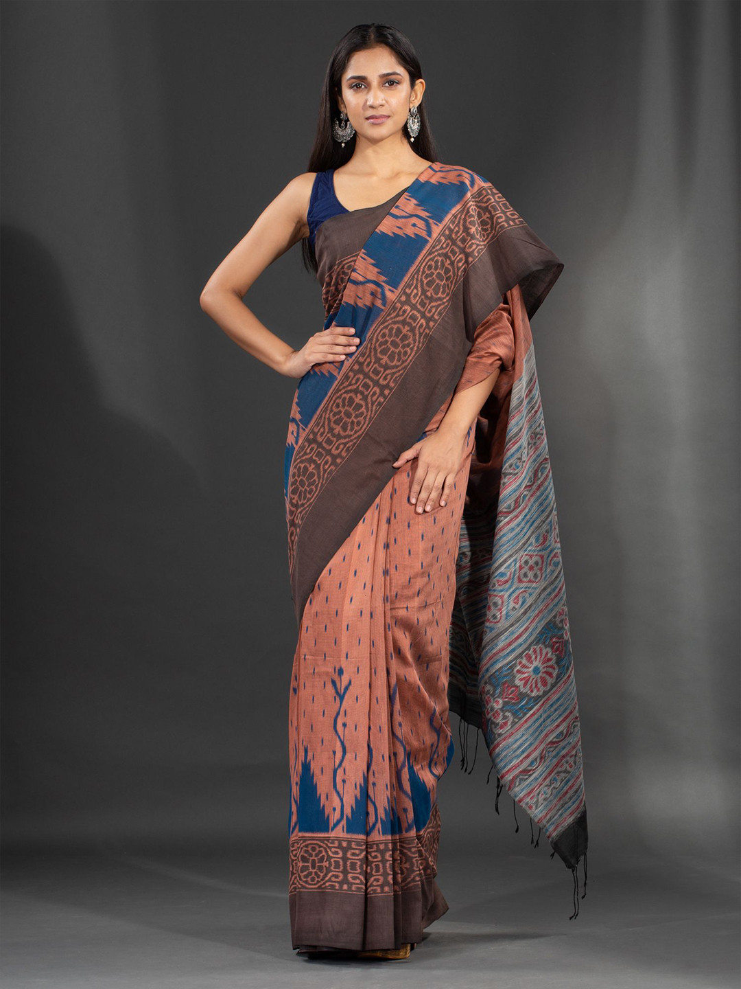 Charukriti Rust & Blue Woven Design Pure Cotton Saree