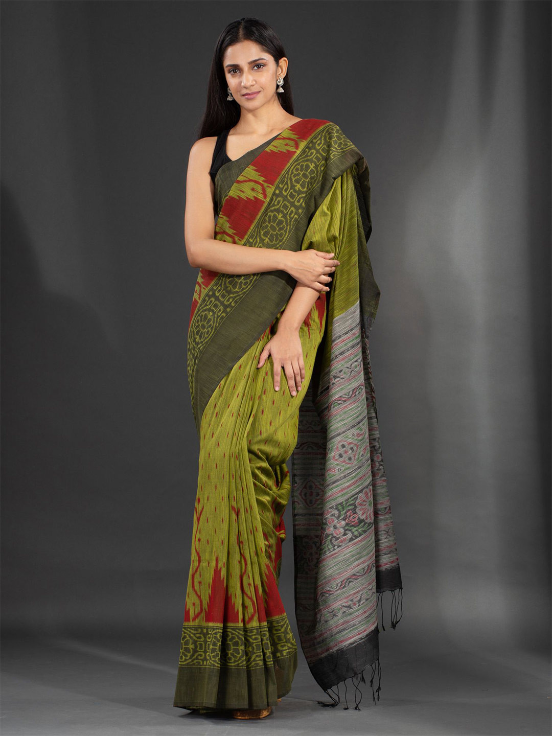 Charukriti Green & Red Pure Cotton Saree With Kotki Design