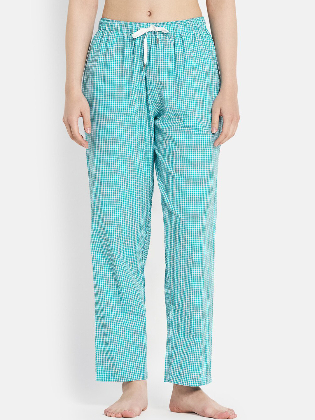 METTLE Women Turquoise Blue Checked Cotton Lounge Pants