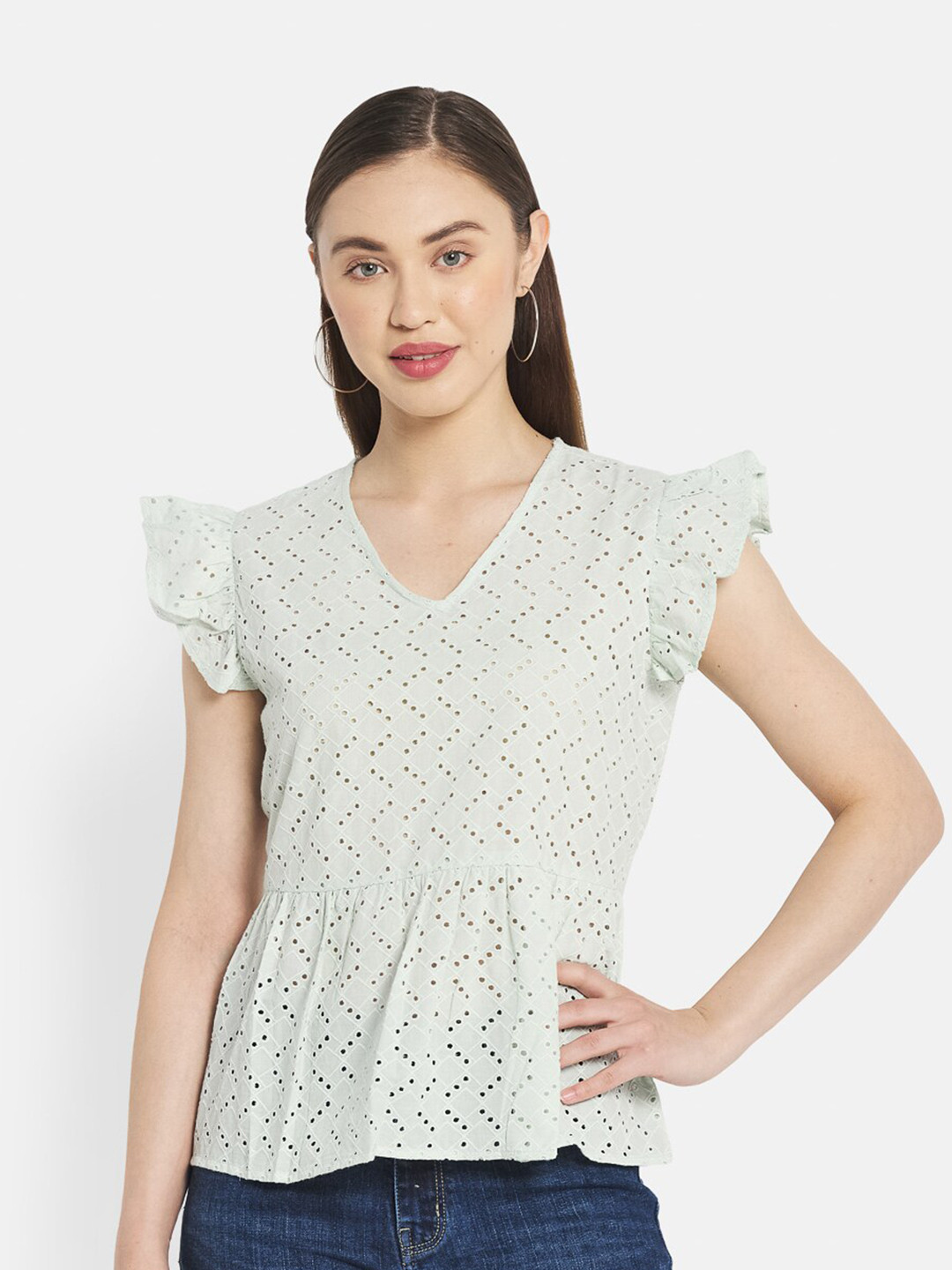 METTLE Women Green Self Design Top