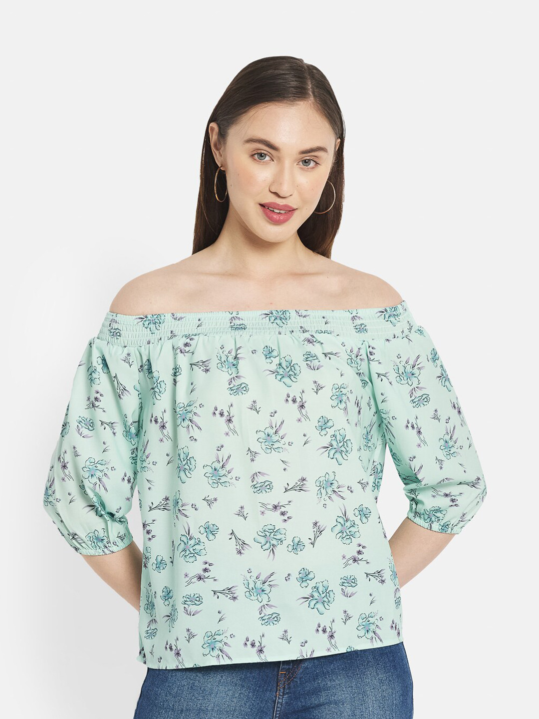 METTLE Women Sea Green Floral Print Off-Shoulder Cotton Blend Bardot Top