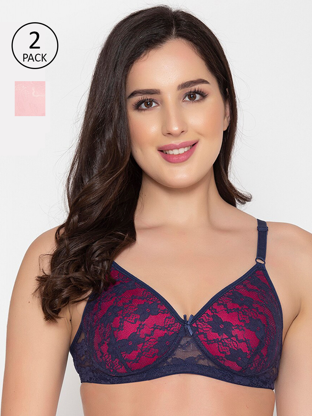 Clovia Set Of 2 Pink & Navy Blue Floral Lightly Padded & Non Wired Embellished Bra