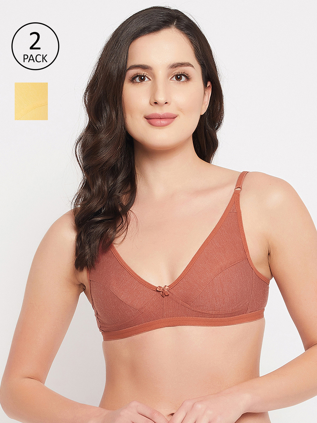 Clovia Pack of 2 Yellow & Rust Solid Cotton Everyday Bras